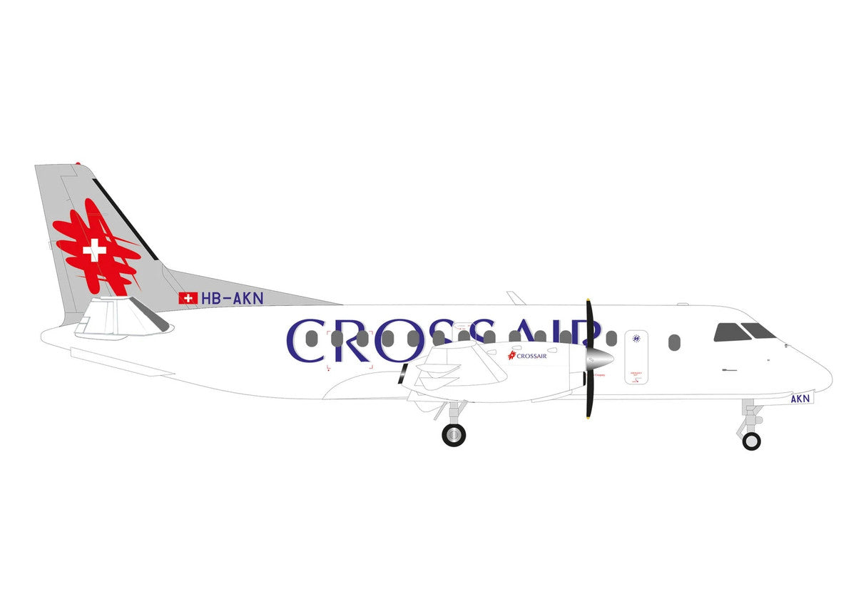 Saab 340 Commercial Aircraft "Crossair" (HB-AKN) White with Tail Graphics 1/200 Diecast Model Airplane by Herpa-1