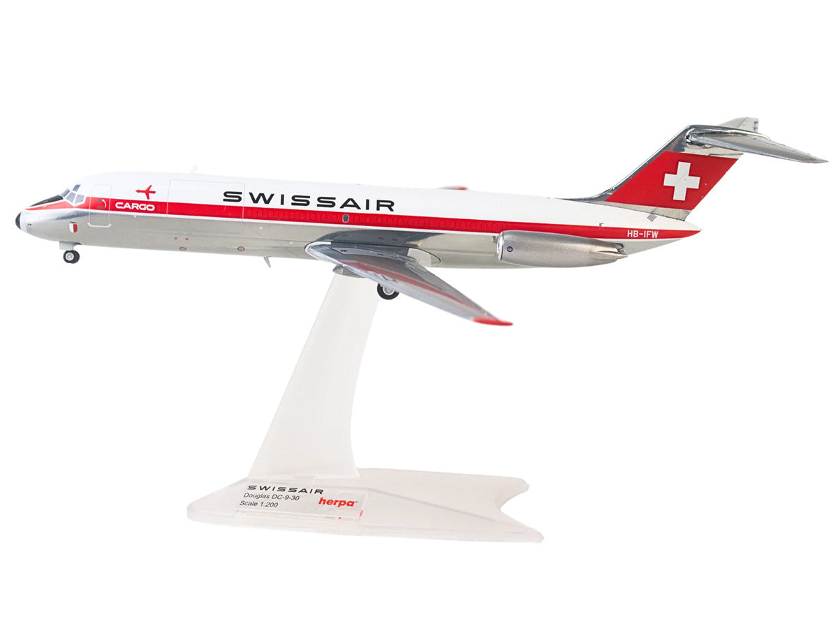 Douglas DC-9-30F Commercial Aircraft "Swissair" (HB-IFW) White with Red Stripes 1/200 Diecast Model Airplane by Herpa-0