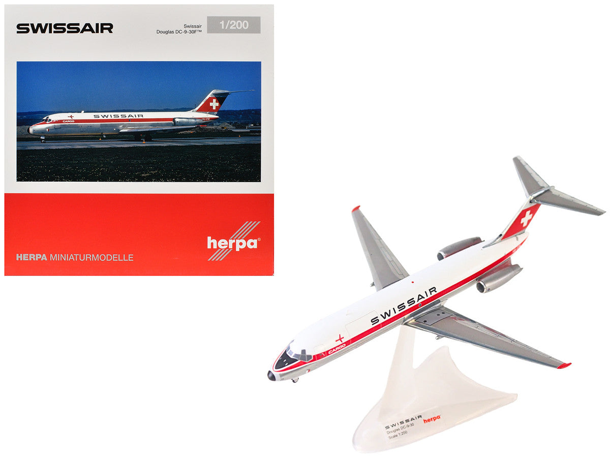 Douglas DC-9-30F Commercial Aircraft "Swissair" (HB-IFW) White with Red Stripes 1/200 Diecast Model Airplane by Herpa-2