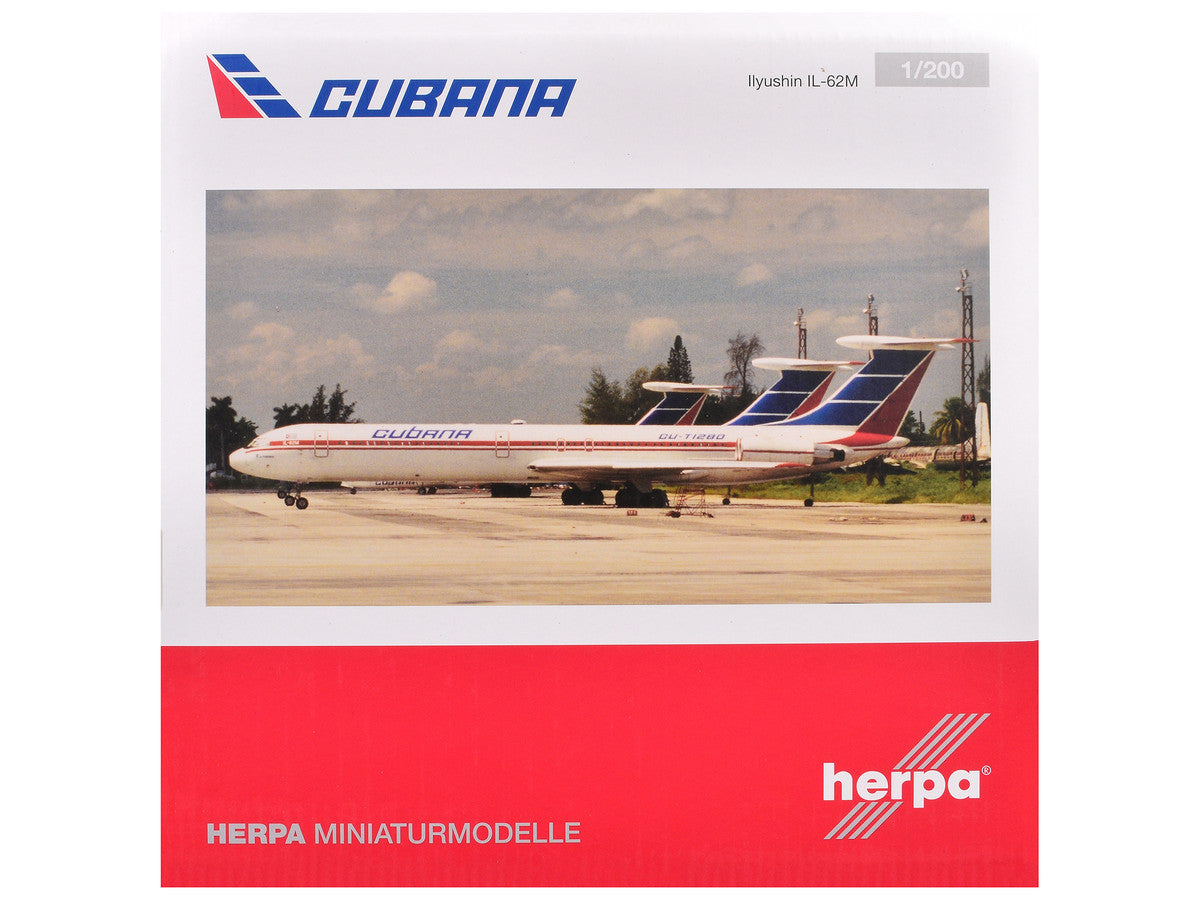 Ilyushin IL-62M Commercial Aircraft "Cubana de Aviacion" (T1280) White with Blue and Red Tail 1/200 Diecast Model Airplane by Herpa-3