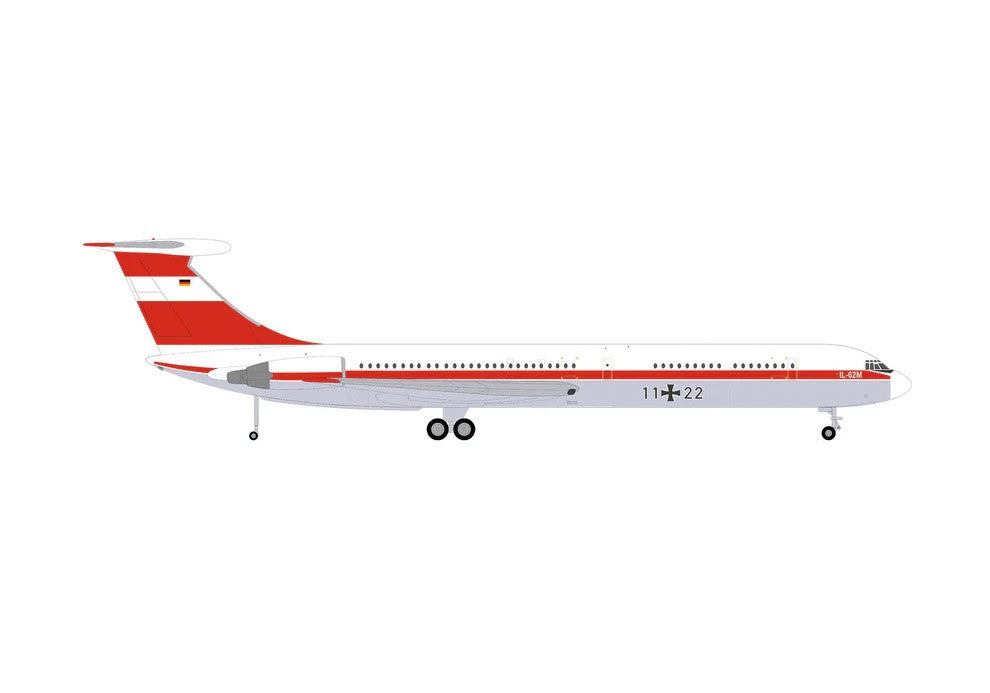 Ilyushin IL-62M Commercial Aircraft "German Luftwaffe" (11+22) White with Red Stripes 1/200 Diecast Model Airplane by Herpa-1