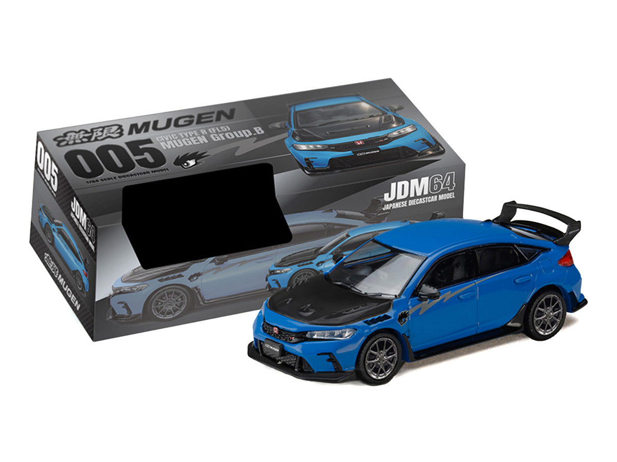 Honda Civic Type R (FL5) RHD (Right Hand Drive) Racing Blue Pearl with Carbon Hood "MUGEN Group B" (2025) "JDM64" Series 1/64 Diecast Model Car by Hobby Japan-1
