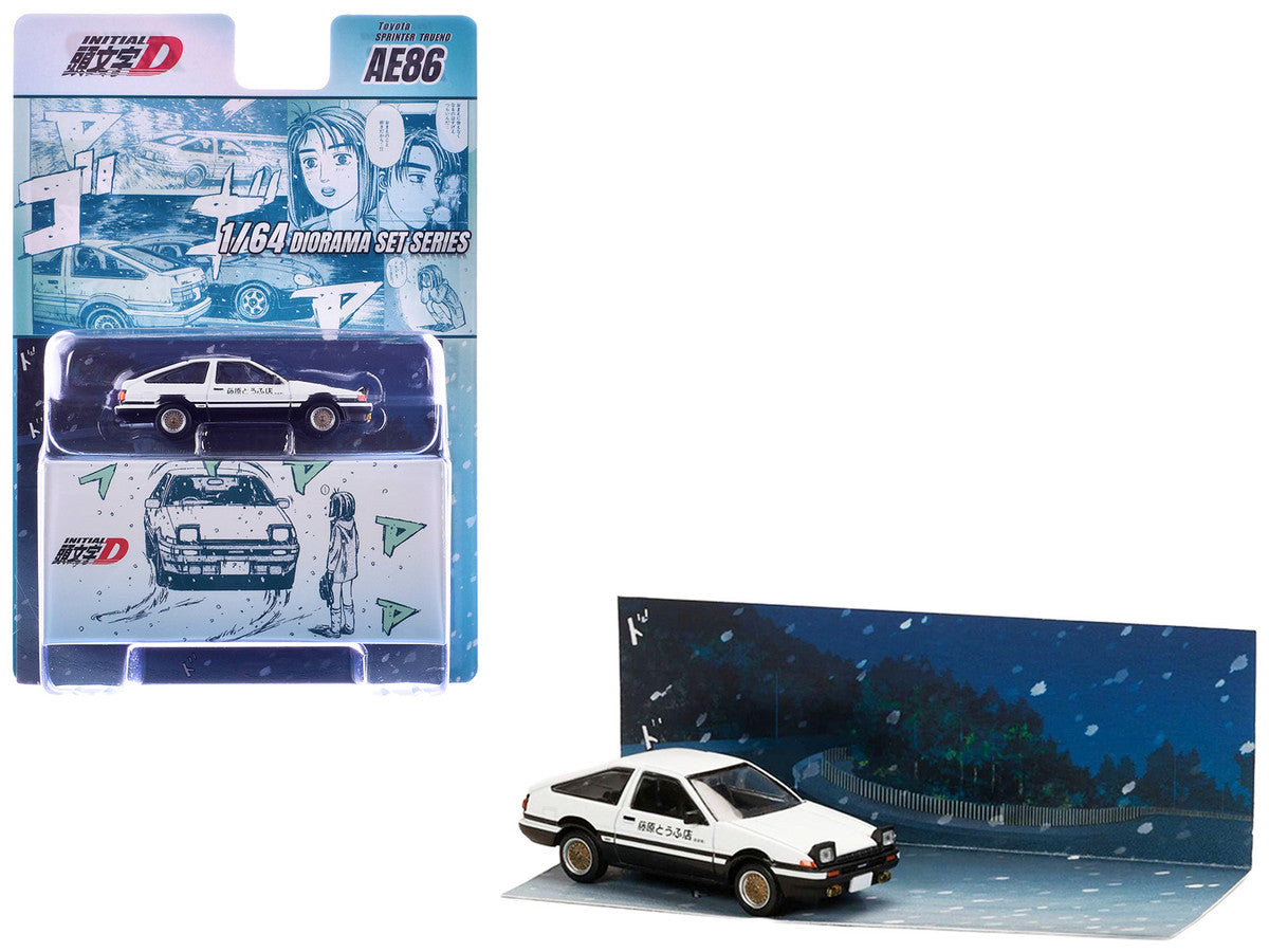Toyota Sprinter Trueno (AE86) RHD (Right Hand Drive) White with Black Stripes "Takumi Fujiwara & Natsuki Mogi - Initial D" (1995-2013) Manga "Diorama Set Series" 1/64 Diecast Model Car by Hobby Japan-0
