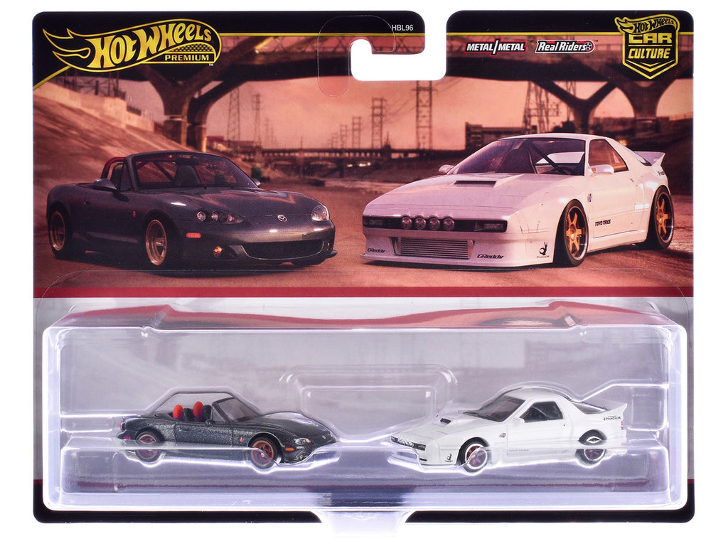 Mazda Mazdaspeed Miata Gray Metallic and Mazda RX7 FC Pandem White "Car Culture" Set of 2 Cars Diecast Model Cars by Hot Wheels-1