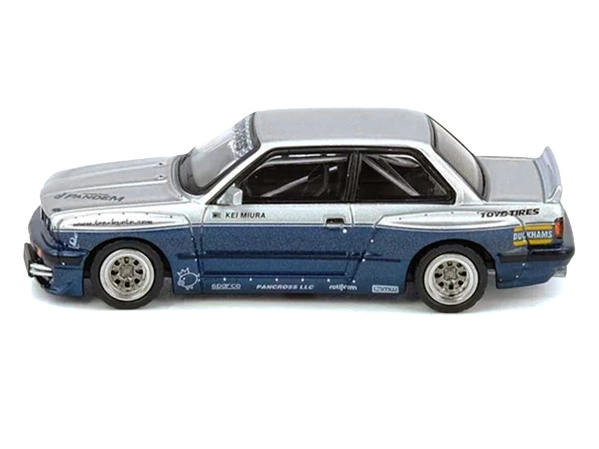 Pandem E30 M3 1/64 Diecast Model Car Silver Metallic Dark Blue-2