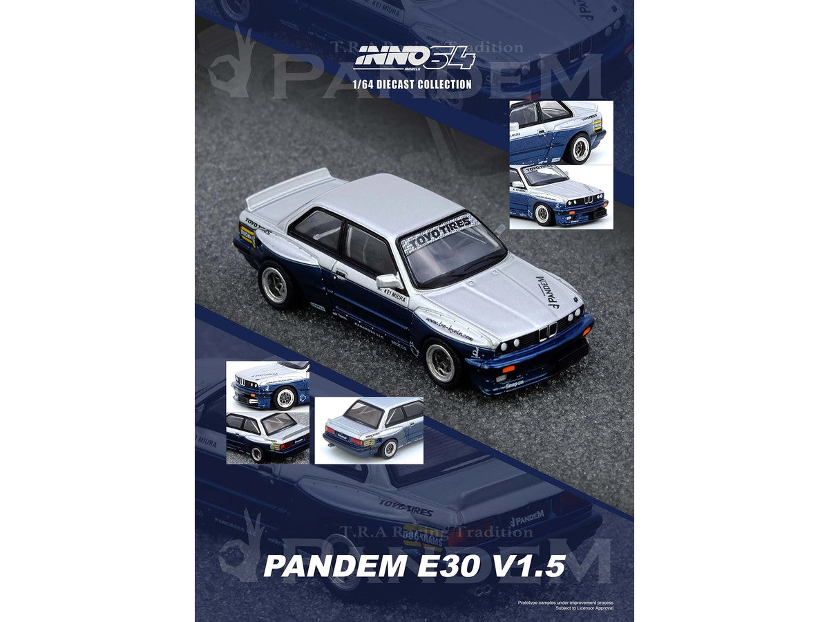 Pandem E30 M3 1/64 Diecast Model Car Silver Metallic Dark Blue-1