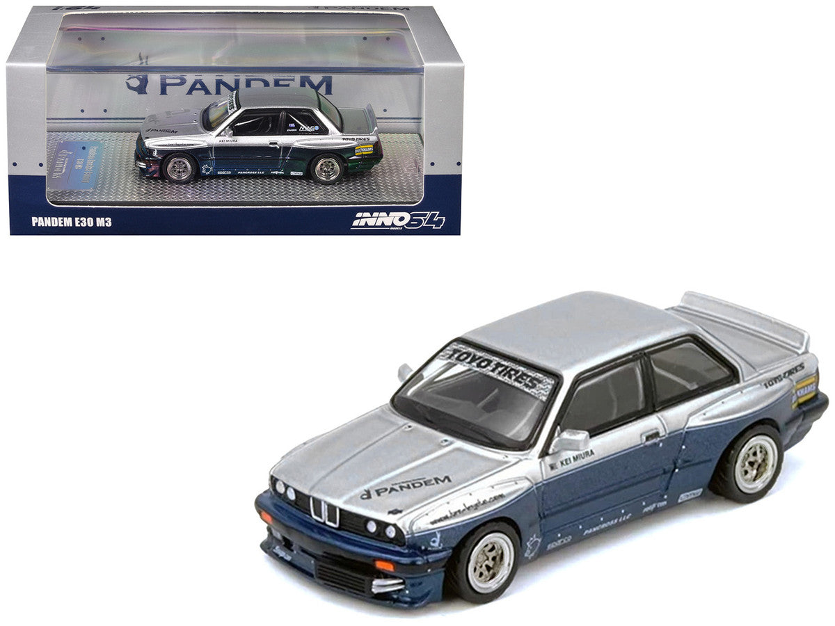 Pandem E30 M3 1/64 Diecast Model Car Silver Metallic Dark Blue-4