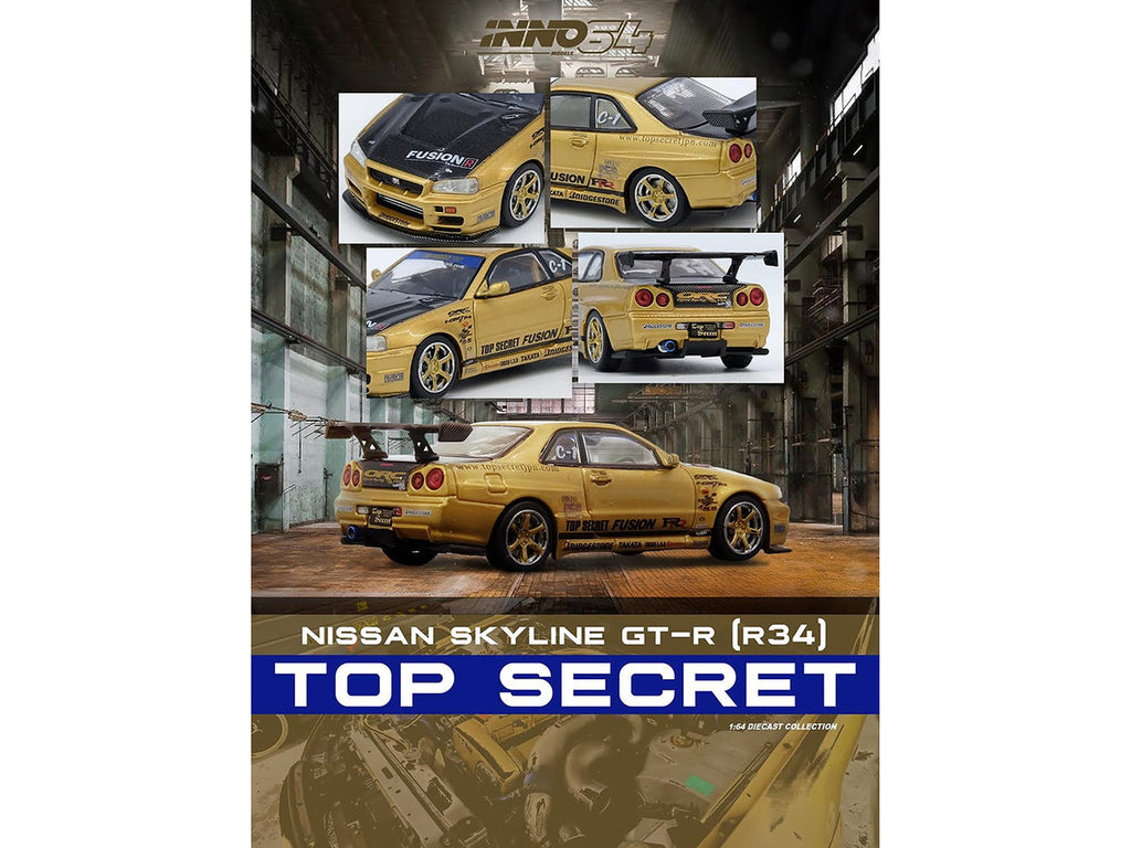Nissan Skyline GT-R R34 RHD Top Secret Gold 1/64 Diecast Model-0