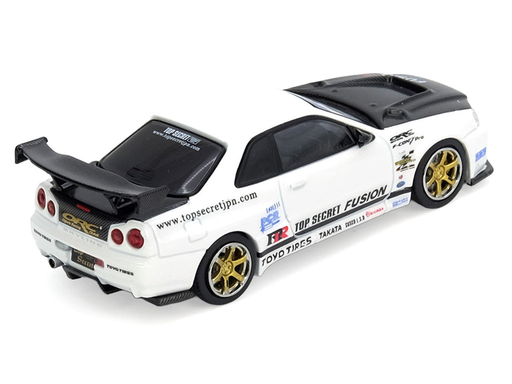 Nissan Skyline GT-R R34 Top Secret RHD White Carbon Hood 1/64 Diecast Model-0