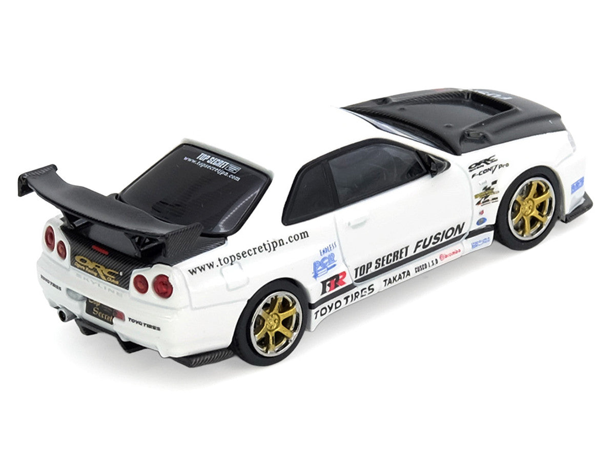 Nissan Skyline GT-R R34 Top Secret RHD White Carbon Hood 1/64 Diecast Model-0