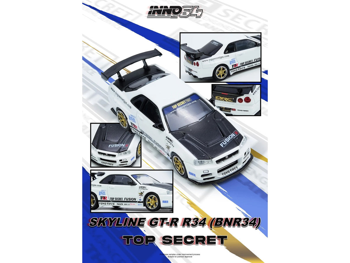 Nissan Skyline GT-R R34 Top Secret RHD White Carbon Hood 1/64 Diecast Model-2