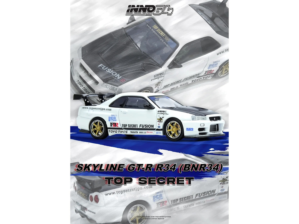 Nissan Skyline GT-R R34 Top Secret RHD White Carbon Hood 1/64 Diecast Model-1