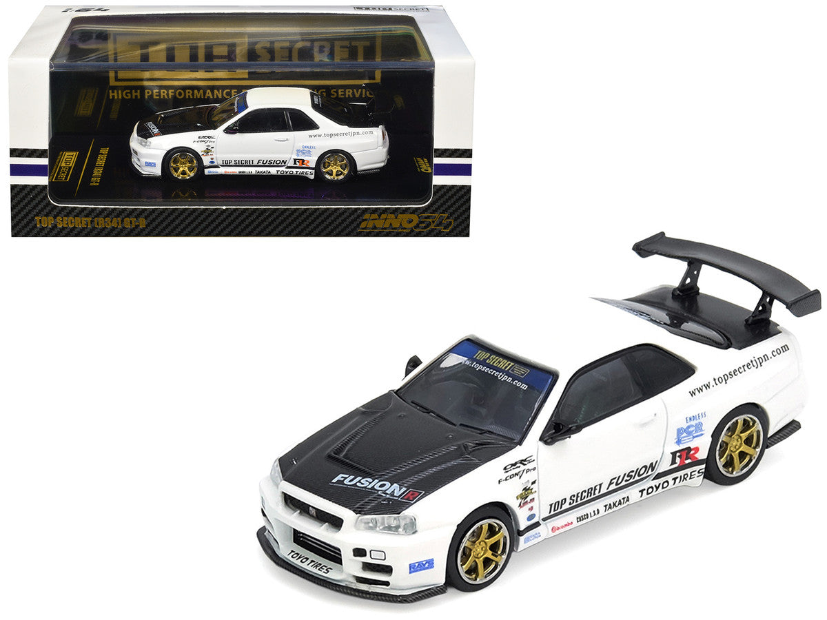 Nissan Skyline GT-R R34 Top Secret RHD White Carbon Hood 1/64 Diecast Model-3