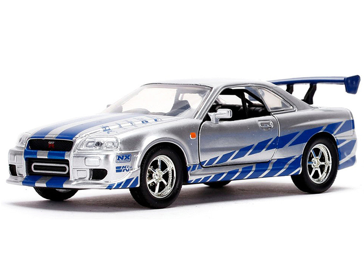 Brian's Nissan Skyline GT-R (BNR34) Silver with Blue Stripes and Nissan GT-R (BNR34) Blue Metallic Set of 2 pieces "25 Years of Fast & Furious" Series 1/32 Diecast Model Cars by Jada-2