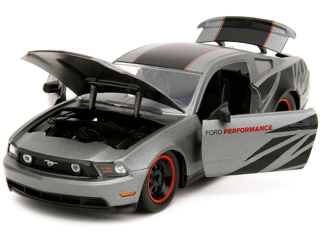 2010 Ford Mustang GT Matt Gray Metallic with Black Graphics and Stripes "Ford Performance" "Bigtime Muscle" Series 1/24 Diecast Model Car by Jada-1