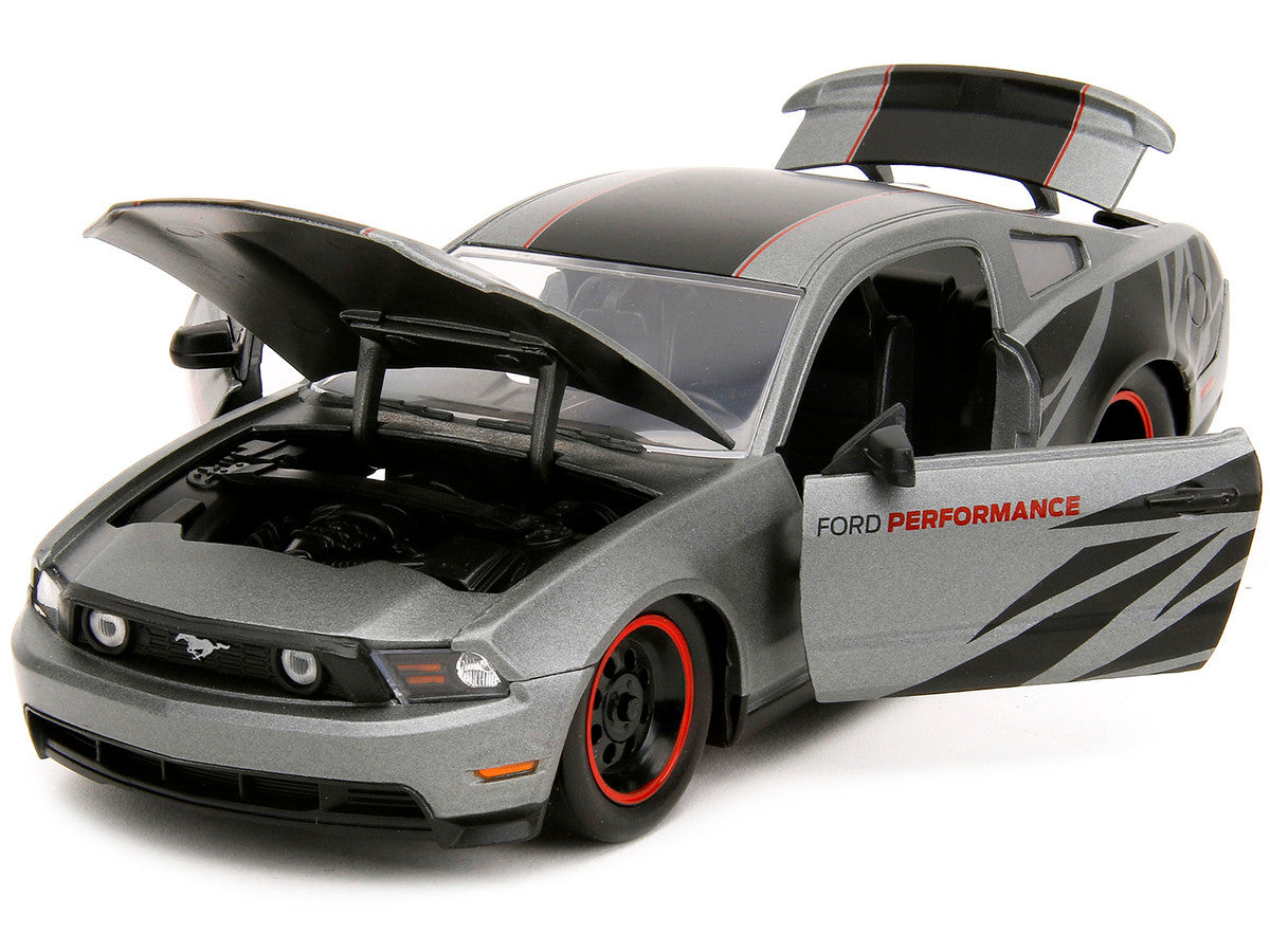 2010 Ford Mustang GT Matt Gray Metallic with Black Graphics and Stripes "Ford Performance" "Bigtime Muscle" Series 1/24 Diecast Model Car by Jada-1