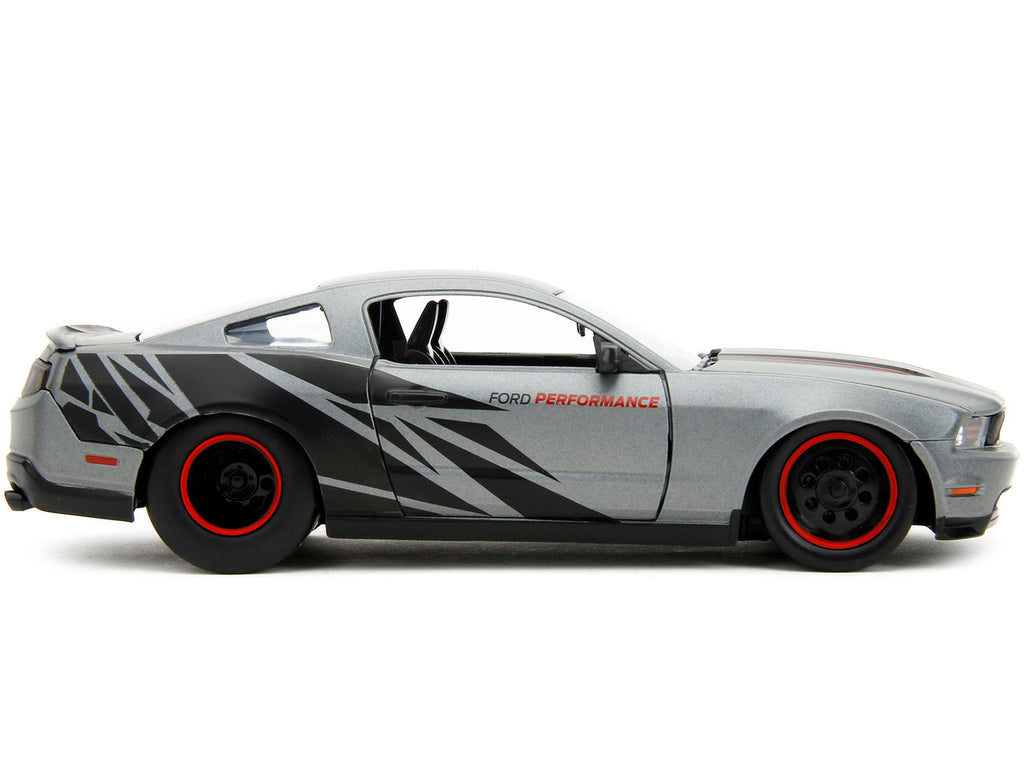 2010 Ford Mustang GT Matt Gray Metallic with Black Graphics and Stripes "Ford Performance" "Bigtime Muscle" Series 1/24 Diecast Model Car by Jada-2
