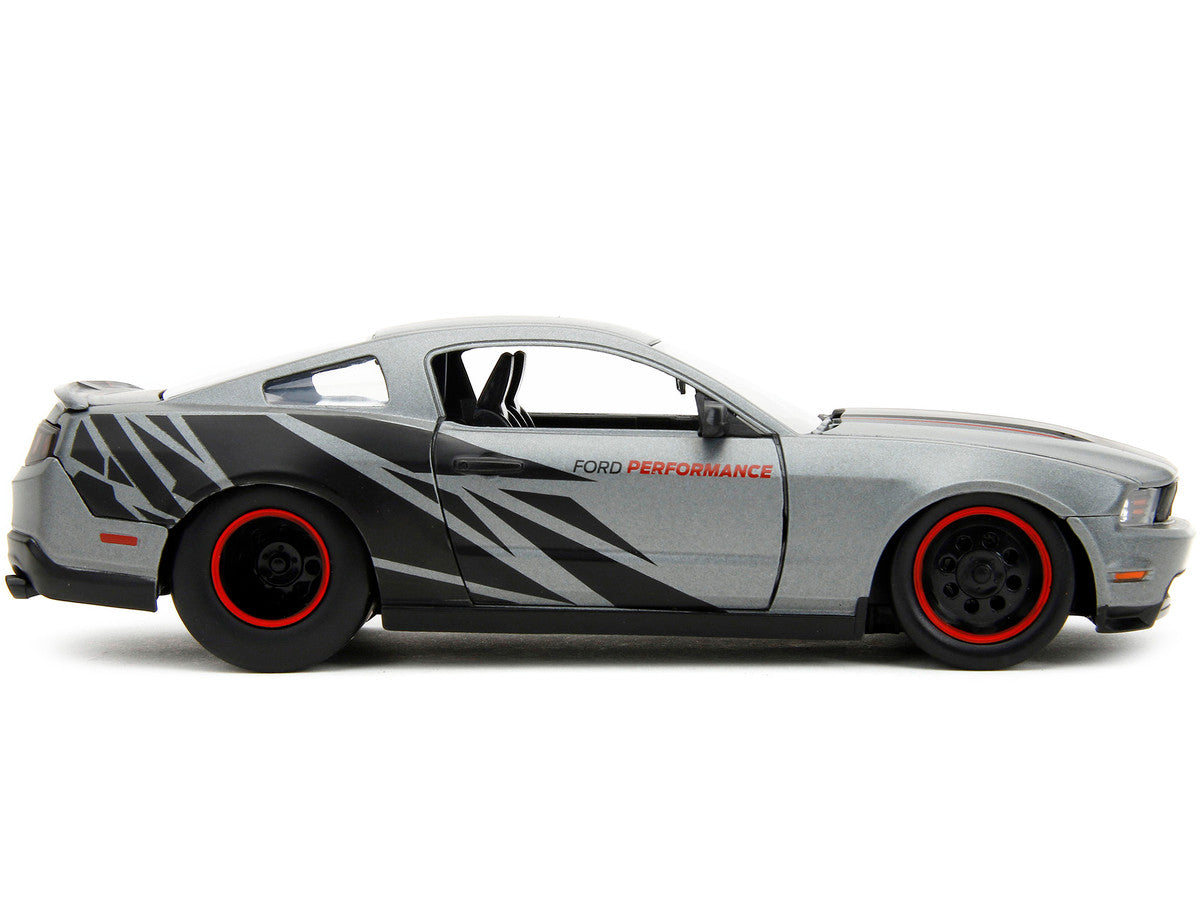 2010 Ford Mustang GT Matt Gray Metallic with Black Graphics and Stripes "Ford Performance" "Bigtime Muscle" Series 1/24 Diecast Model Car by Jada-2