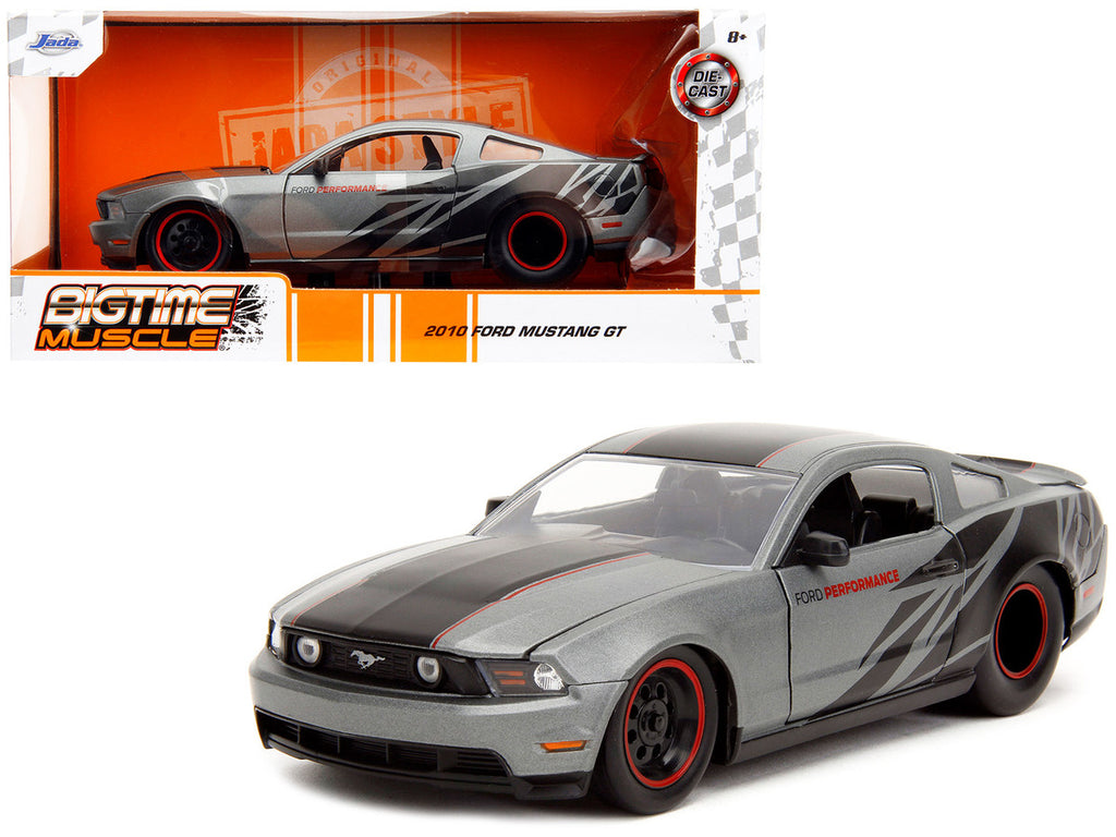 2010 Ford Mustang GT Matt Gray Metallic with Black Graphics and Stripes "Ford Performance" "Bigtime Muscle" Series 1/24 Diecast Model Car by Jada-0