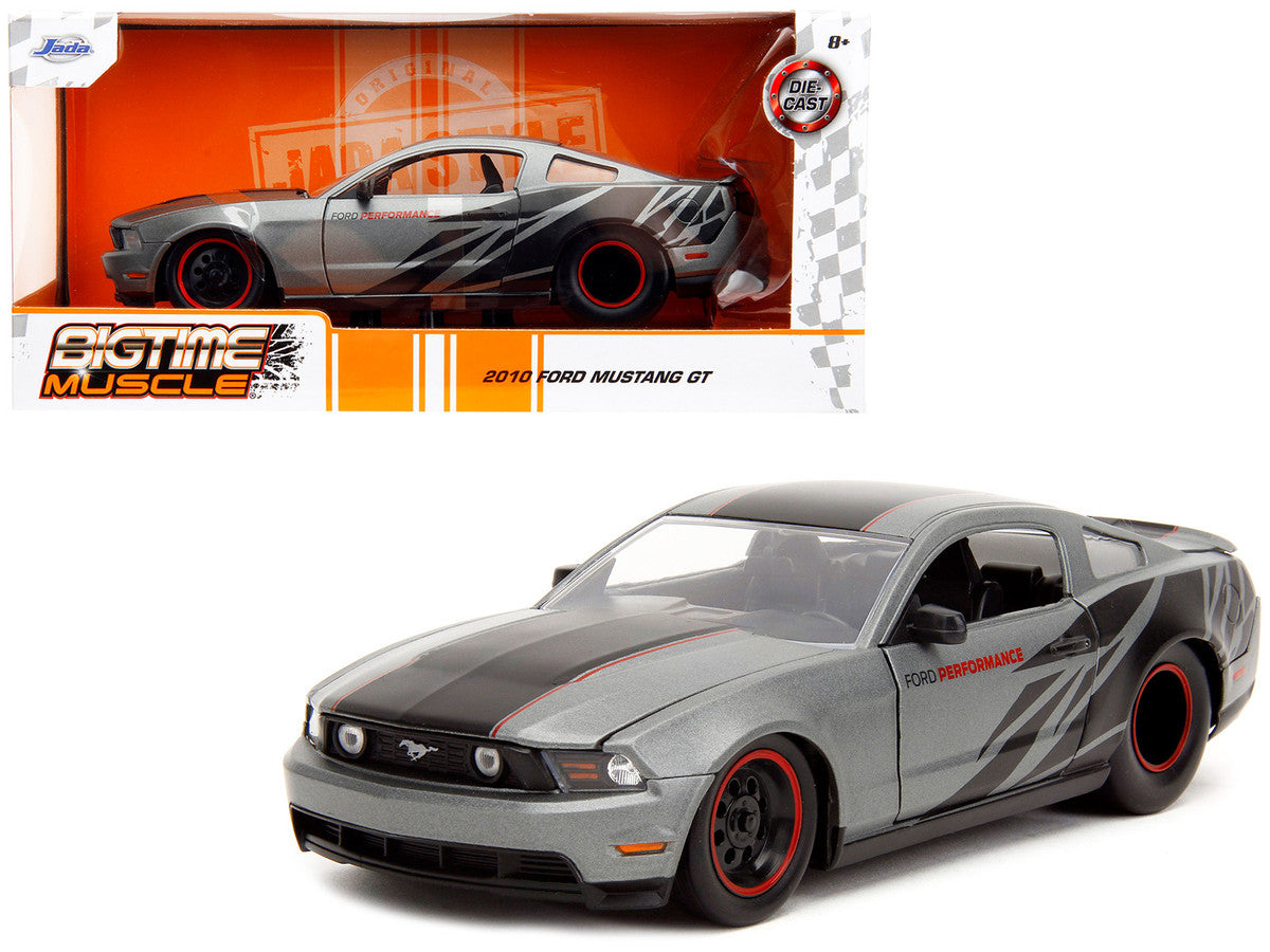 2010 Ford Mustang GT Matt Gray Metallic with Black Graphics and Stripes "Ford Performance" "Bigtime Muscle" Series 1/24 Diecast Model Car by Jada-0