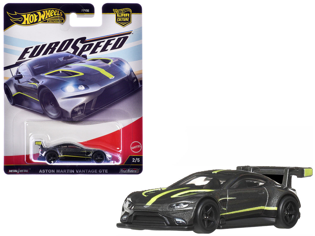 Aston Martin Vantage GTE Dark Gray Metallic with Lime Green Stripes "Euro Speed" Series Diecast Model Car by Hot Wheels-3