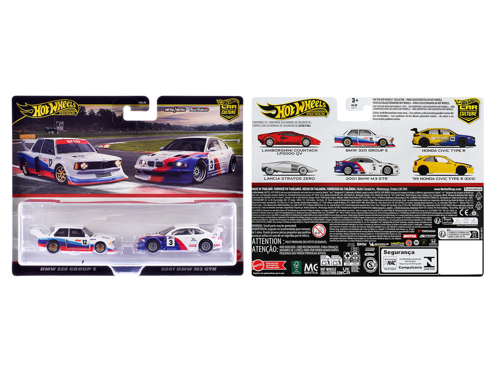 BMW 320 Group 5 #12 White with Stripes and 2001 BMW M3 GTR #3 White with Stripes "Car Culture" Set of 2 Cars Diecast Model Cars by Hot Wheels-0