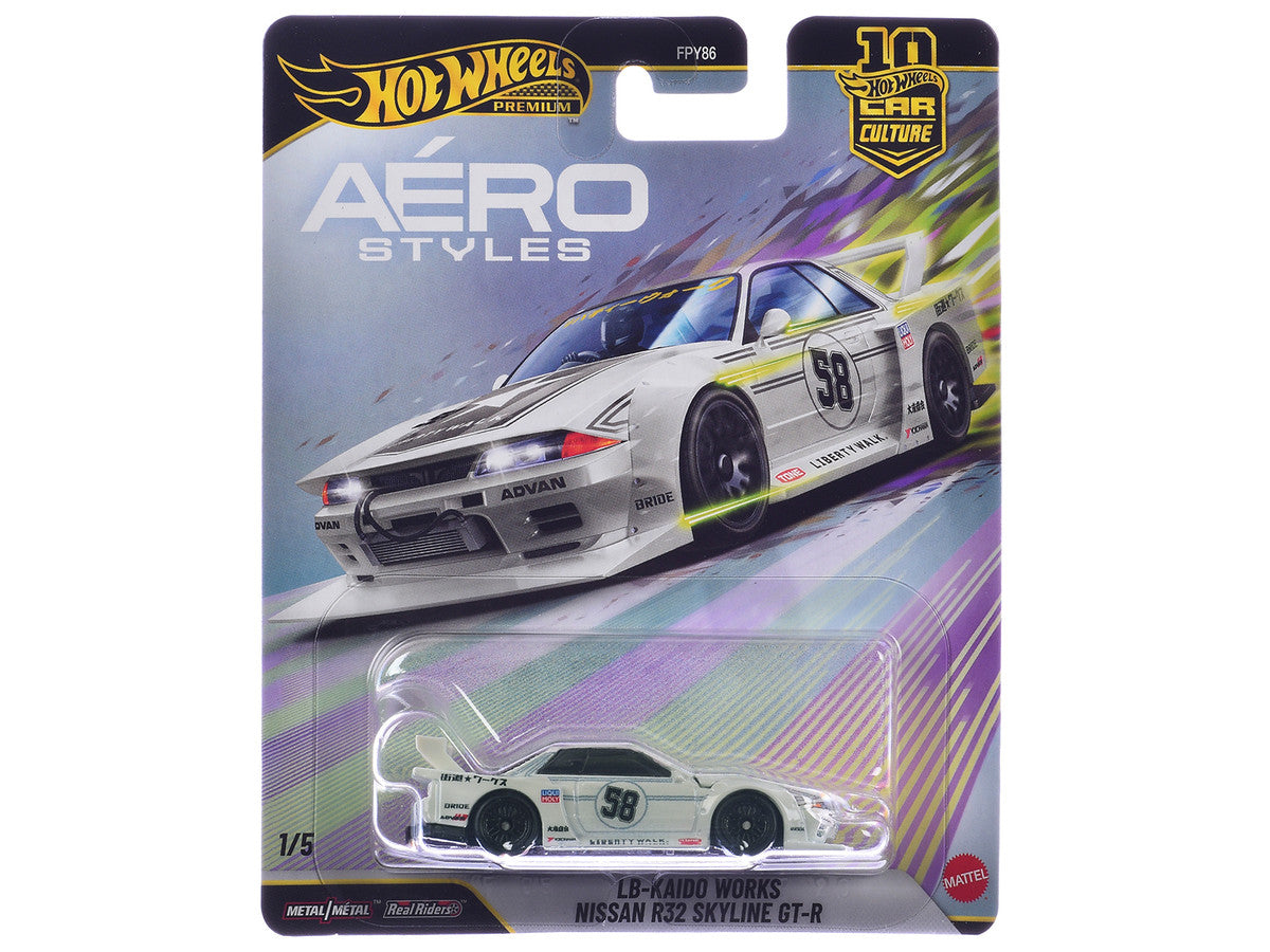 Nissan Skyline GT-R (R32) LB-Kaido Works RHD (Right Hand Drive) #58 White with Gray Stripes "Aero Styles" Series Diecast Model Car by Hot Wheels-2