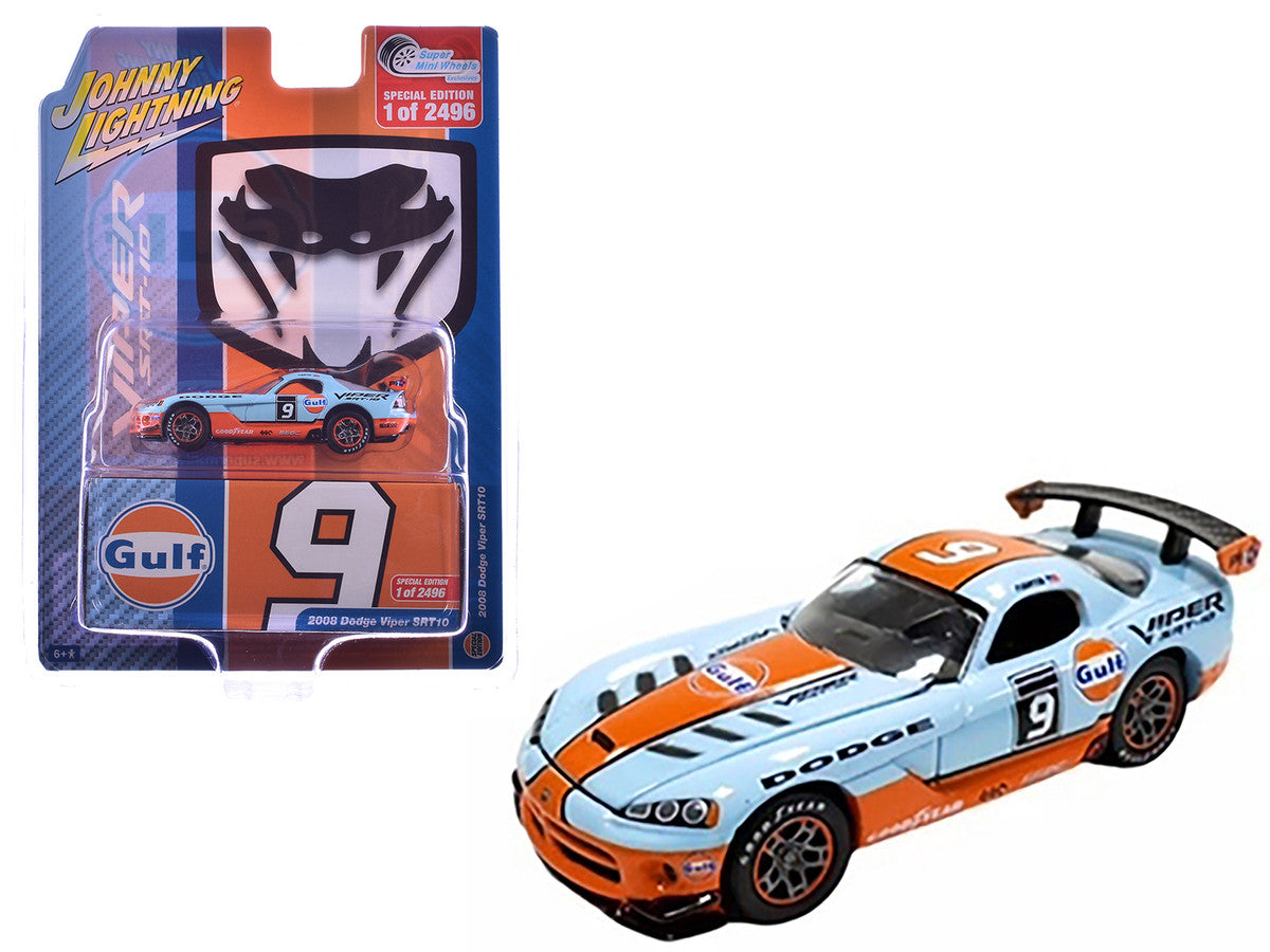 2008 Dodge Viper SRT10 #9 "Gulf Oil" Light Blue and Orange Limited Edition to 2496 pieces Worldwide 1/64 Diecast Model Car by Johnny Lightning-0