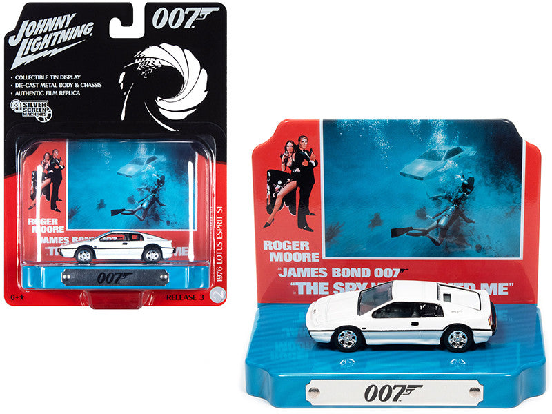 1976 Lotus Esprit S1 White with Collectible Tin Display "007" (James Bond) "The Spy Who Loved Me" (1977) Movie (10th in the James Bond Series) 1/64 Diecast Model Car by Johnny Lightning-0