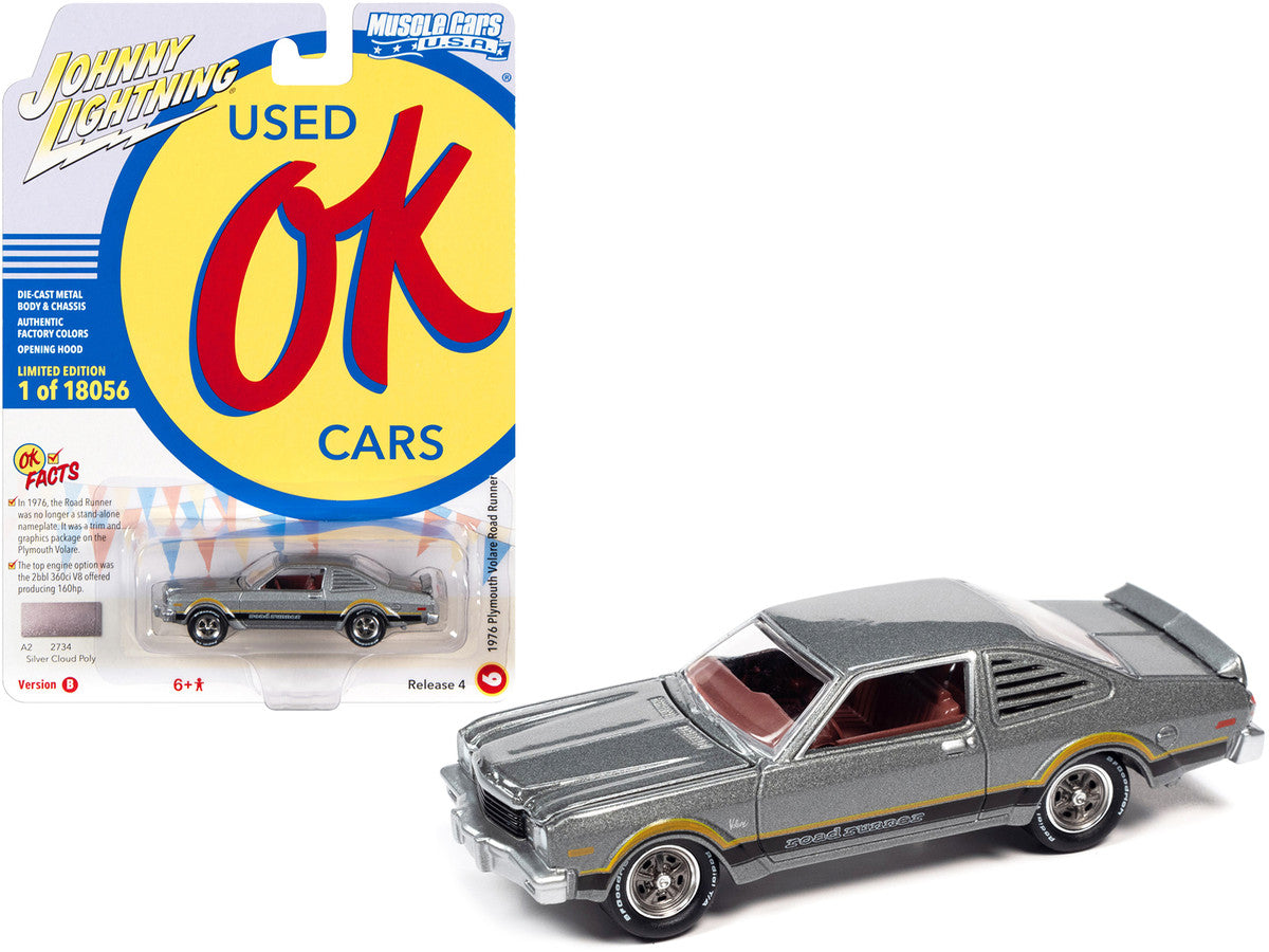 1976 Plymouth Volare Road Runner Silver Cloud Metallic with Stripes "OK Used Cars" Series Limited Edition to 18056 pieces Worldwide 1/64 Diecast Model Car by Johnny Lightning-0
