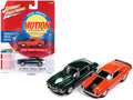 1969 Chevrolet Camaro ZLX Phase III Hugger Orange with Black Stripes and 1973 Chevrolet Camaro Phase III Dark Green Metallic and White "Baldwin Motion" Set of 2 Cars 1/64 Diecast Model Cars by Johnny Lightning-0