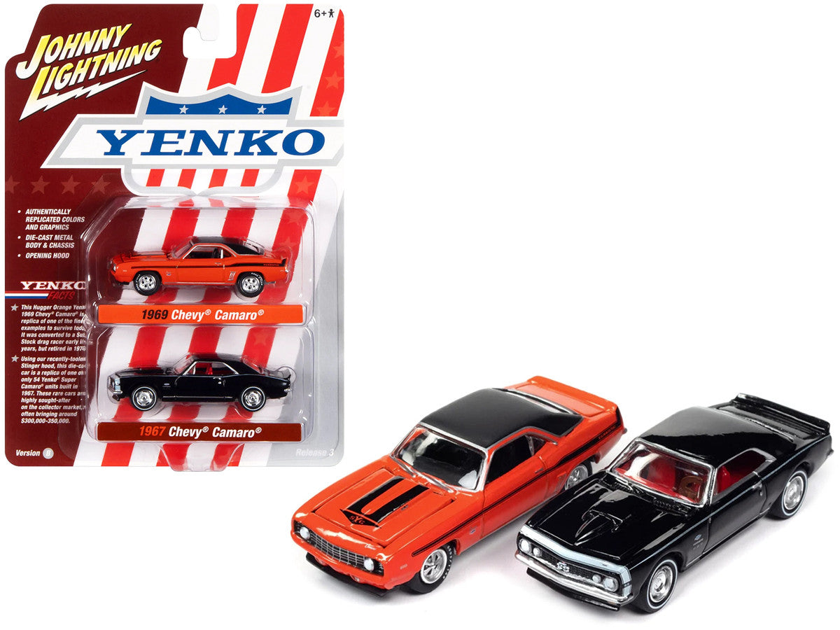 1969 Chevrolet Camaro Hugger Orange with Black Top and Stripes and 1967 Chevrolet Camaro Black with White Stripe and Red Interior "Yenko" Series Set of 2 Cars 1/64 Diecast Model Cars by Johnny Lightning-0