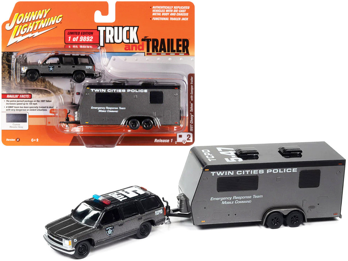 1997 Chevrolet Tahoe "SWAT" Custom Gray Metallic and Black with "Twin Cities Police" Camper Trailer Limited Edition to 9892 pieces Worldwide "Truck and Trailer" Series 1/64 Diecast Model Car by Johnny Lightning-0