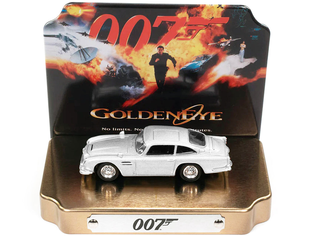 Aston Martin DB5 RHD (Right Hand Drive) Silver Metallic 007 (James Bond) "GoldenEye" (1995) Movie with Collectible Tin Display "Silver Screen Machines" Series 1/64 Diecast Model Car by Johnny Lightning-1