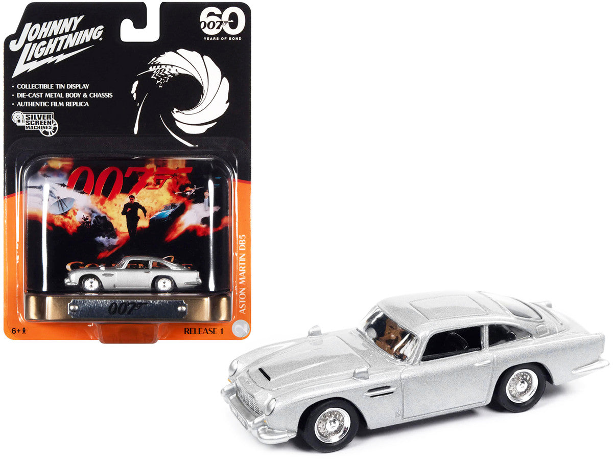 Aston Martin DB5 RHD (Right Hand Drive) Silver Metallic 007 (James Bond) "GoldenEye" (1995) Movie with Collectible Tin Display "Silver Screen Machines" Series 1/64 Diecast Model Car by Johnny Lightning-0