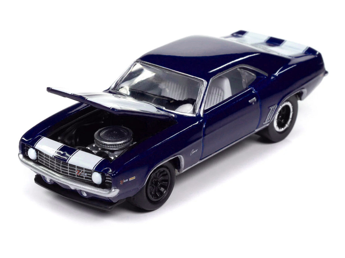 1969 Chevrolet Camaro Z28 Blue Metallic with White Stripes and Interior "Muscle Cars USA" Series 1/64 Diecast Model Car by Johnny Lightning-1