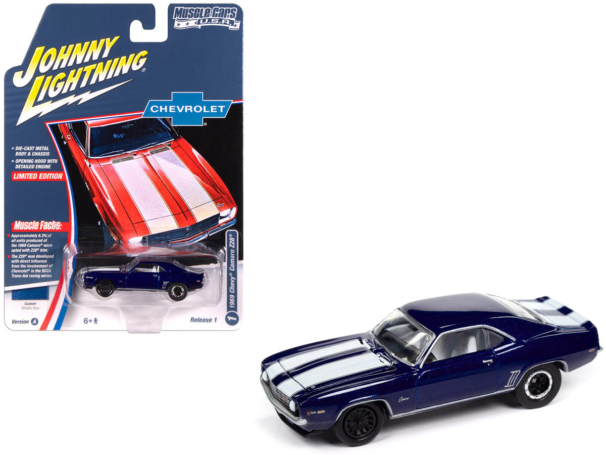 1969 Chevrolet Camaro Z28 Blue Metallic with White Stripes and Interior "Muscle Cars USA" Series 1/64 Diecast Model Car by Johnny Lightning-2