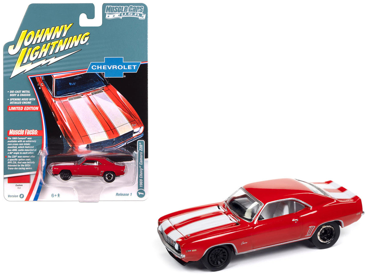 1969 Chevrolet Camaro Z28 Red with White Stripes and Interior "Muscle Cars USA" Series 1/64 Diecast Model Car by Johnny Lightning-2
