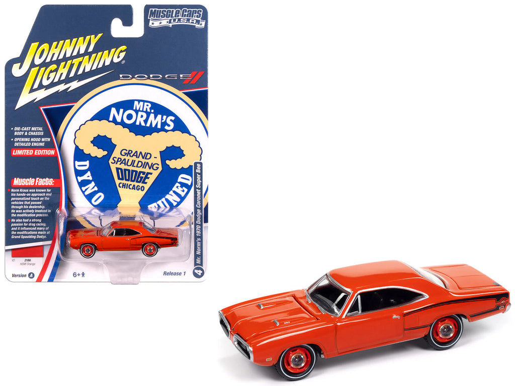 1970 Dodge Coronet Super Bee "Mr. Norm's" Hemi Orange with Black Stripes "Muscle Cars USA" Series 1/64 Diecast Model Car by Johnny Lightning-2