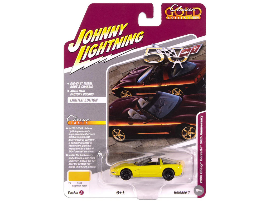 2003 Chevrolet Corvette Convertible "50th Anniversary" Millennium Yellow "Classic Gold Collection" 1/64 Diecast Model Car by Johnny Lightning-2