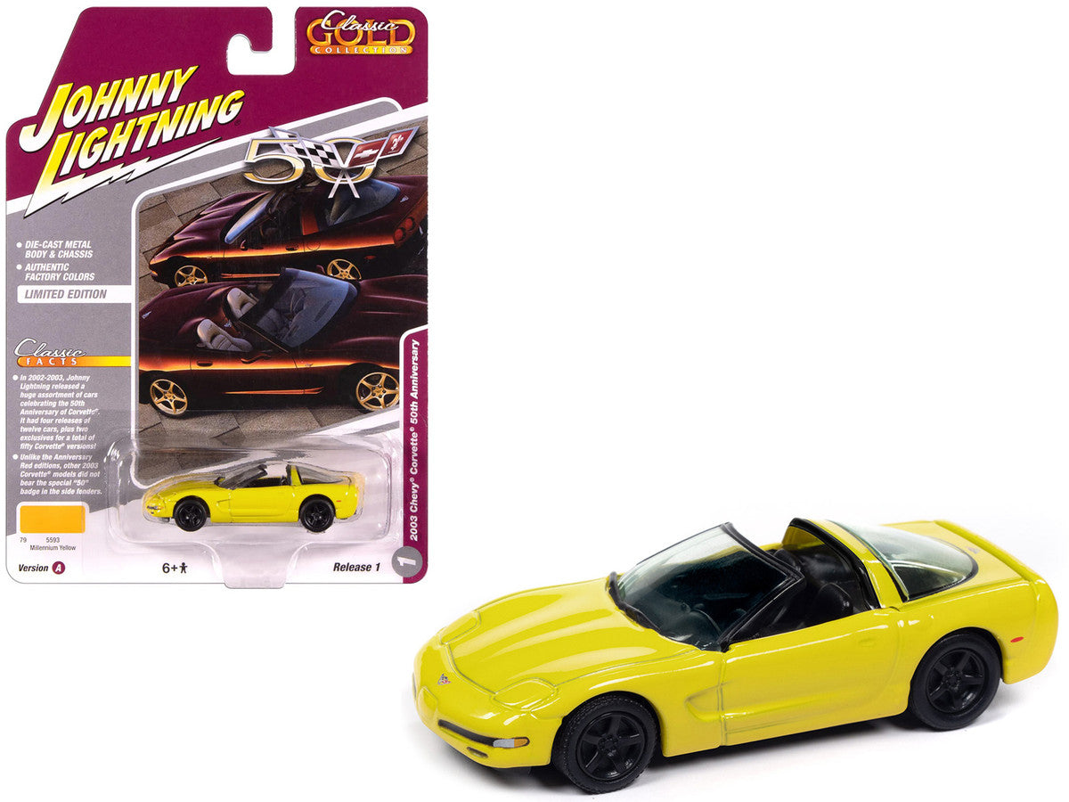 2003 Chevrolet Corvette Convertible "50th Anniversary" Millennium Yellow "Classic Gold Collection" 1/64 Diecast Model Car by Johnny Lightning-0