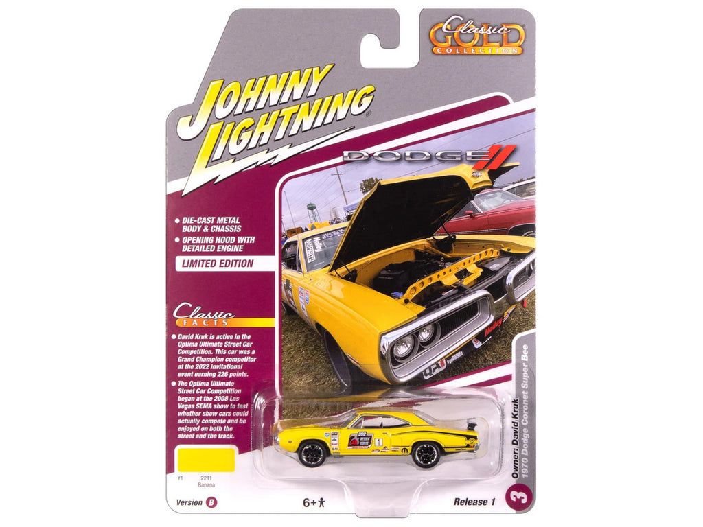 1970 Dodge Coronet Super Bee #1 "David Kruk" Banana Yellow with Black Stripes and Top "Classic Gold Collection" 1/64 Diecast Model Car by Johnny Lightning-2