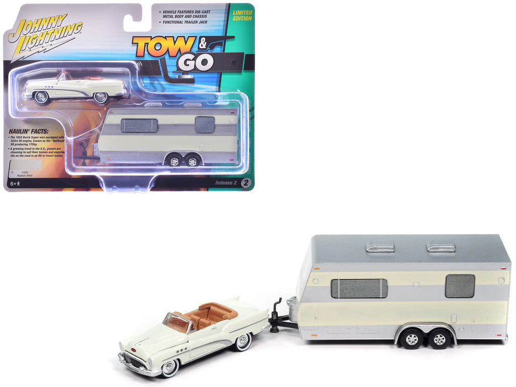 1953 Buick Super Cream with Travel Trailer Limited Edition "Tow & Go" Series 1/64 Diecast Model Car by Johnny Lightning-3
