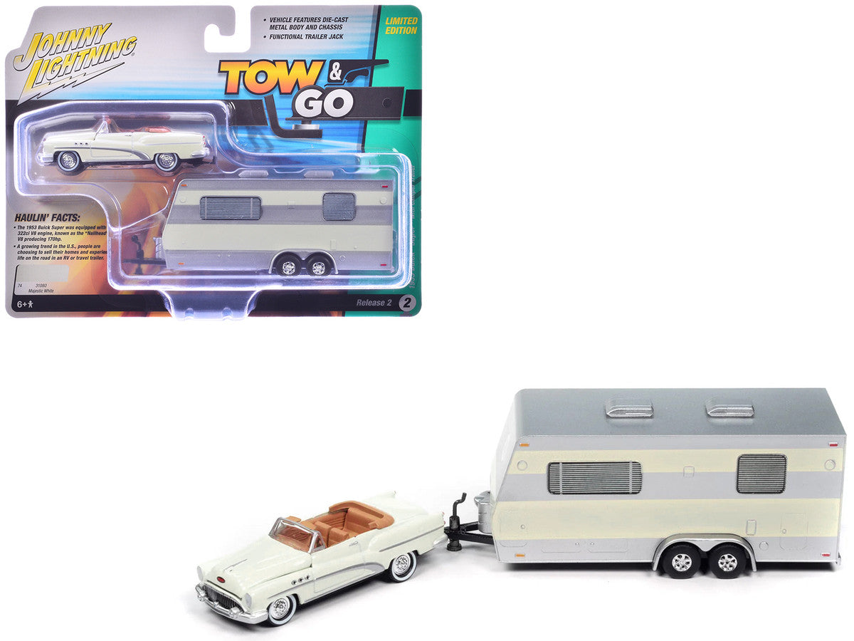 1953 Buick Super Cream with Travel Trailer Limited Edition "Tow & Go" Series 1/64 Diecast Model Car by Johnny Lightning-3