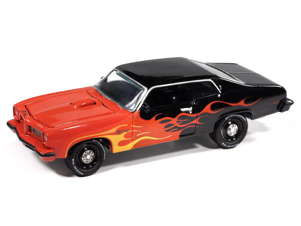 1974 Pontiac GTO Black and Red with Flame Graphics "Black with Flames" Series 1/64 Diecast Model Car by Johnny Lightning-1
