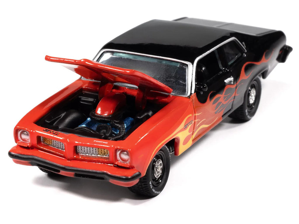 1974 Pontiac GTO Black and Red with Flame Graphics "Black with Flames" Series 1/64 Diecast Model Car by Johnny Lightning-2
