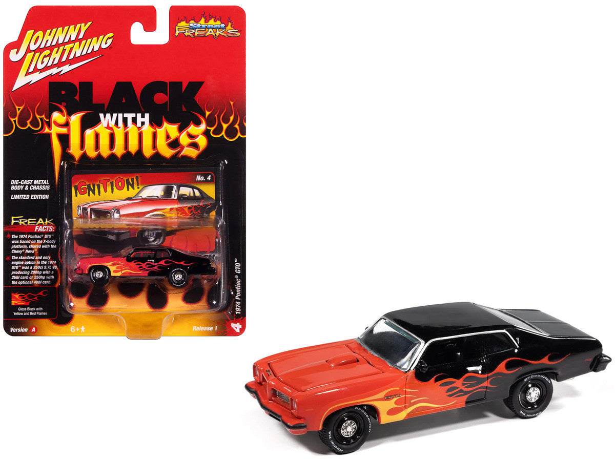 1974 Pontiac GTO Black and Red with Flame Graphics "Black with Flames" Series 1/64 Diecast Model Car by Johnny Lightning-0