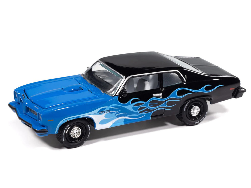 1974 Pontiac GTO Black and Blue with Blue Flame Graphics with White Interior "Black with Flames" Series 1/64 Diecast Model Car by Johnny Lightning-1
