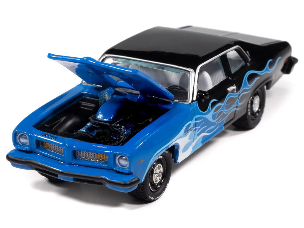 1974 Pontiac GTO Black and Blue with Blue Flame Graphics with White Interior "Black with Flames" Series 1/64 Diecast Model Car by Johnny Lightning-2