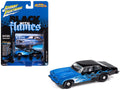 1974 Pontiac GTO Black and Blue with Blue Flame Graphics with White Interior "Black with Flames" Series 1/64 Diecast Model Car by Johnny Lightning-0